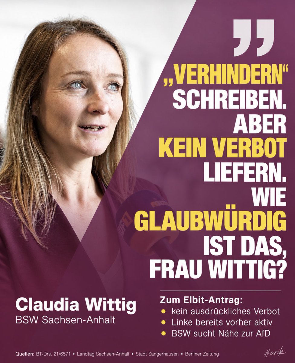 arikbln's tweet photo. BSW: Gegen die Linke wettern, mit der AfD kooperieren – und Elbit per Überschrift stoppen?

Der Streit um Elbit Systems in Sachsen-Anhalt wirft grundsätzliche Fragen zur Glaubwürdigkeit des @bsw_vg_lsa auf.

Claudia Wittig (@DrClaudiaWittig) wirft der @dielinkelsa vor, eine gemeinsame Initiative gegen die geplante Rüstungsfabrik von @ElbitSystemsLtd in Sangerhausen zu verweigern. Frieden müsse über jeder Brandmauer stehen.

Klingt überzeugend. Bis man sich die Fakten ansieht.

Ein Verbot ohne Verbot

Der BSW-Antrag heißt „Israelische Waffenfabrik in Sangerhausen verhindern“. Tatsächlich fordert der bisher bekannte Entwurf Transparenz, Auskünfte und Förderbeschränkungen – aber kein ausdrückliches Ansiedlungsverbot.

Direkte Landesfördermittel wurden bislang nicht beantragt. Gleichzeitig stehen rund 43 Millionen Euro Bundesmittel für das Industriegebiet bereit. Ob der Antrag diese Finanzierung berührt? Unklar.

Auch Wittigs frühere Forderung nach einer Zweidrittelmehrheit für solche Entscheidungen fehlt offenbar.

Die angeblich untätige Linke

Bereits im Juni stellte Die Linke Fragen im Bundestag, im Juli folgte Wulf Gallert (@WulfGallert) im Landtag. Die örtliche Linksfraktion widersprach den Plänen und unterstützte den kommunalen Widerstand. Ein Bürgerbegehren läuft seit August.

Besonders bemerkenswert: Linke und BSW stehen beide auf der Unterstützerliste von „Keep Elbit Out“.

Das BSW wirft also einer Partei Untätigkeit vor, deren parlamentarische Fragen es teilweise selbst aufgreift.

Die bemerkenswerte Nähe zur AfD

Am 8. Oktober trafen sich alle fünf BSW-Landtagsabgeordneten mit Politikern der @AfD_LSA bei @COMPACTMagazin.

BSW-Fraktionschef Thomas Schulze (@ThomasSchultzt) versicherte: „Wir sind ein ehrlicher Partner. Darauf könnt ihr euch verlassen.“

Sechs Tage später beschlossen BSW und AfD gemeinsam einen Antrag gegen Russland-Sanktionen und zur Einstellung militärischer sowie nicht humanitärer Ukrainehilfen.

Die AfD bot dem BSW außerdem einen Ausschussvorsitz an und strebt eine schriftliche Vereinbarung an.

Das BSW betont, keine Koalition einzugehen. Selbst der Landesverband @BSW_Bremen kritisiert allerdings diese Annäherung. Sein Vorsitzender Alper Iseri (@AlperIseri) möchte keine „AfD light“.

Die Brandmauer gilt offenbar vor allem für andere

Wittig kritisierte Ulrich Siegmund (@UlrichSiegmund), nachdem dieser Rüstungsproduktion mit seiner geplanten Abschiebeoffensive verknüpft hatte.

Während Siegmund Rüstungsproduktion offen gegenüberstand, lehnte AfD-Politiker Oliver Kirchner (@O_KirchnerAfD) die Elbit-Ansiedlung persönlich ab.

Doch zum Problem erklärt Wittig ausgerechnet Die Linke.

Auch die angekündigte BSW-Enthaltung bei der Ministerpräsidentenwahl verdient Aufmerksamkeit: Im dritten Wahlgang könnte sie unter bestimmten Bedingungen die erforderliche Mehrheit für einen AfD-Kandidaten senken.

Was bleibt?

Das BSW fordert Zusammenarbeit, während es selbst politische Partnerschaften nach eigenen Maßstäben auswählt. Es kündigt die Verhinderung einer Fabrik an, ohne im bekannten Entwurf ein ausdrückliches Verbot vorzusehen. Und es kritisiert Untätigkeit, wo längst parlamentarisch und kommunal gehandelt wurde.

Der Antrag ist noch nicht endgültig eingebracht. Das BSW kann seine Forderungen also präzisieren.

Bis dahin bleibt die entscheidende Frage:

Wie glaubwürdig ist eine Partei, deren öffentliche Vorwürfe und tatsächliches Handeln so deutlich auseinanderfallen?

Politische Glaubwürdigkeit beweist man nicht mit großen Worten. Sondern mit überprüfbaren Taten.

#BSW #AfD #DieLinke #ElbitSystems #SachsenAnhalt @ronzheimer @fpiatov