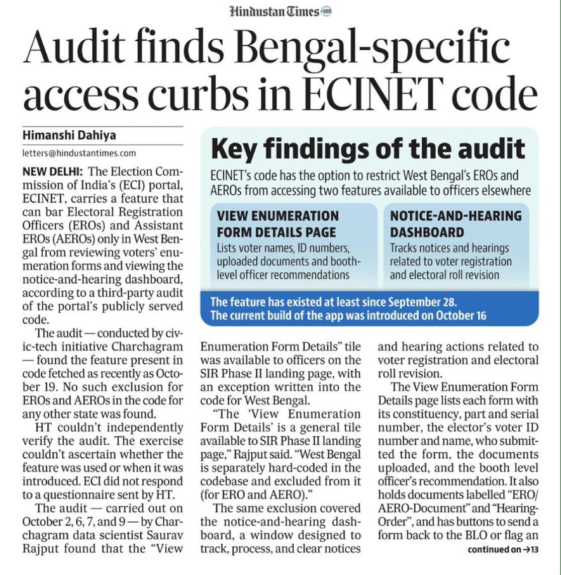 AITCofficial's tweet photo. Why are the rules for #BengalSIR different from those in other states?

Who authorised these Bengal-specific changes, and WHY?

The audit findings raise serious questions about the Election Commission’s role and the lack of transparency of the entire process. Every step that appears to disadvantage Bengal’s voters demands scrutiny.

The ECI must explain why Bengal was treated differently, who is accountable, and what safeguards exist to ensure every eligible voter’s rights are protected.

An institution entrusted with safeguarding democracy cannot afford to leave such serious questions unanswered.

When will the CEC take responsibility and resign?

https://t.co/5YJRapMIg9