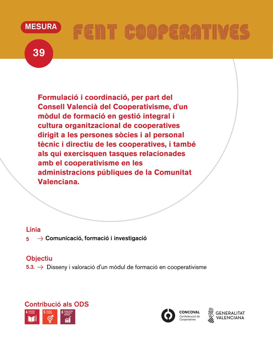 concoval's tweet photo. Formació per reforçar la gestió i la cultura organitzacional cooperativa.

El Pla Fent Cooperatives III proposa la creació d’un mòdul de formació integral en gestió i cultura organitzacional de cooperatives, adreçat tant a les persones sòcies i al personal tècnic i directiu com a qui treballa en les administracions públiques valencianes.

La iniciativa busca:
🔹 Millorar els coneixements sobre gestió cooperativa
🔹 Reforçar les competències de les persones que formen part de les cooperatives
🔹 Facilitar una millor relació entre cooperatives i administracions públiques
🔹 Incorporar aquesta formació al catàleg d’ocupacions públiques de la Generalitat Valenciana

📌 Més formació per consolidar cooperatives millor preparades i una administració més coneixedora del model cooperatiu.

#Cooperarsuma #CoopsV #FentCoop #CooperarÉsAvançar
