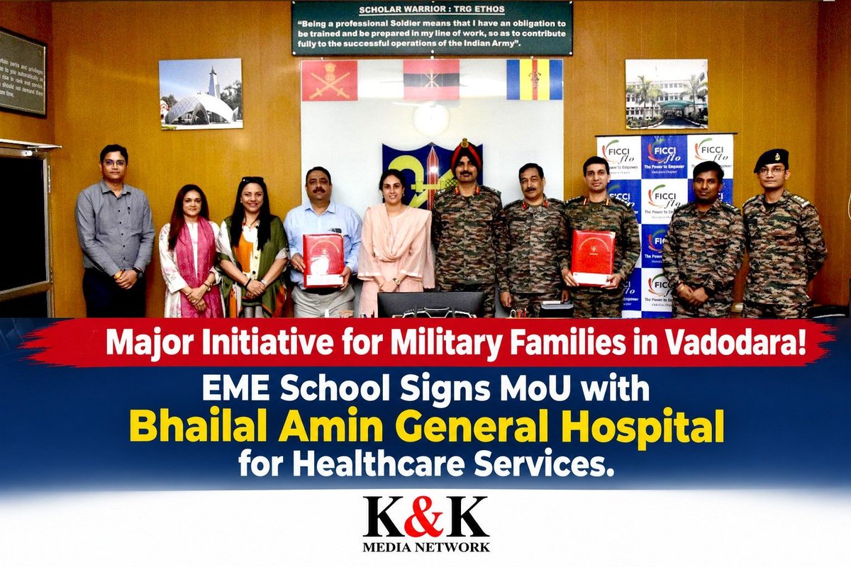 BeenaKhemani's tweet photo. EME School Vadodara Signs MoU with Bhailal Amin General Hospital for Healthcare Services

Access to Specialist Medical Consultations, Advanced Diagnostics and Treatment Facilities • Diagnostic Tests at 75% of Prescribed CGHS Rates

VADODARA: In a significant step towards ensuring accessible and #affordable #healthcare for 
#IndianArmy personnel and their #families, #EMESchool, #Vadodara, has signed a Memorandum of Understanding (#MoU) with 
#BhailalAminGeneralHospital. 
The initiative, undertaken in collaboration with #FICCI #FLO Vadodara, aims to enhance the healthcare and overall well-being of #military personnel and their dependents.

The MoU signing ceremony was attended by Major General Mohit Gandhi, Commandant of EME School; Barkha Amin, Chairperson of Bhailal Amin General Hospital; and Neha Patel, Senior Vice Chairperson of FICCI FLO Vadodara.

Under this #agreement, eligible military personnel and their #dependents will have access to a wide range of medical services, including consultations with specialist and super-specialist doctors, laboratory and radiology investigations, inpatient treatment, surgical procedures, emergency medical services, maternity care and specialised cardiac treatment.

As per the agreement, consultations with specialist doctors will be available at designated concessional rates, while diagnostic investigations will be offered at 75% of the applicable prescribed #CGHS rates, subject to the terms and conditions specified in the MoU.

The primary objective of this partnership is to complement existing military medical facilities and make specialised healthcare services more accessible to military personnel and their families, particularly when advanced medical expertise is required.

This collaborative initiative by EME School, Bhailal Amin General Hospital and FICCI FLO Vadodara marks an important step towards strengthening healthcare access and promoting the well-being of India's military community and their families.

K & K Media Network 
Founder Journalist Beena R Khemani