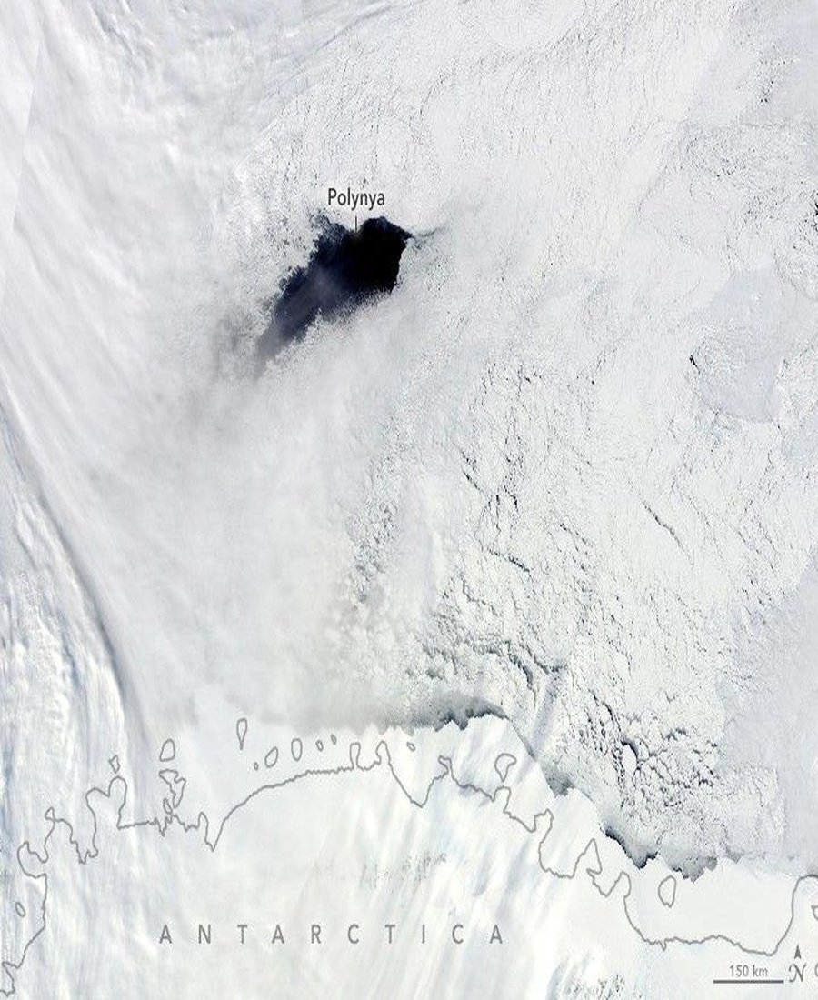 NaturellScience's tweet photo. An enormous hole opened in Antarctica's winter sea ice 

Scientists discovered a giant opening called a polynya. It exposed ocean water amid surrounding winter sea ice. Warm deep water and ocean currents may help explain it. Scientists are studying its effects marine life. https://t.co/JOINgNEURU
