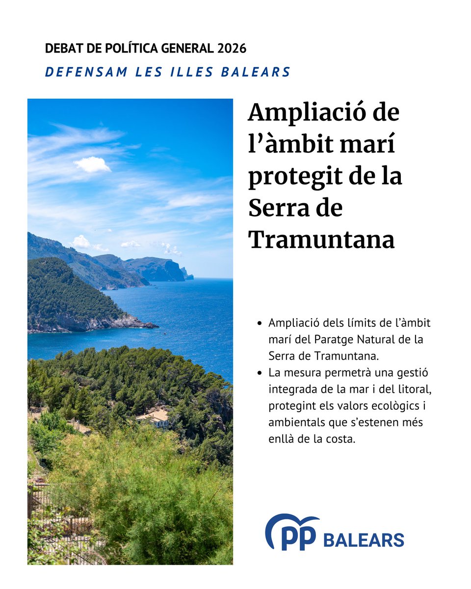 ppbalears's tweet photo. 📢 Ampliarem l’àmbit marí del Paratge Natural de la Serra de Tramuntana. Els seus valors ecològics no acaben a la costa. Avançam cap a una gestió integrada de la mar i del litoral.

#DefensamTerritori #DefensamBalears #DebatIB2026 https://t.co/FSx5mzwADG