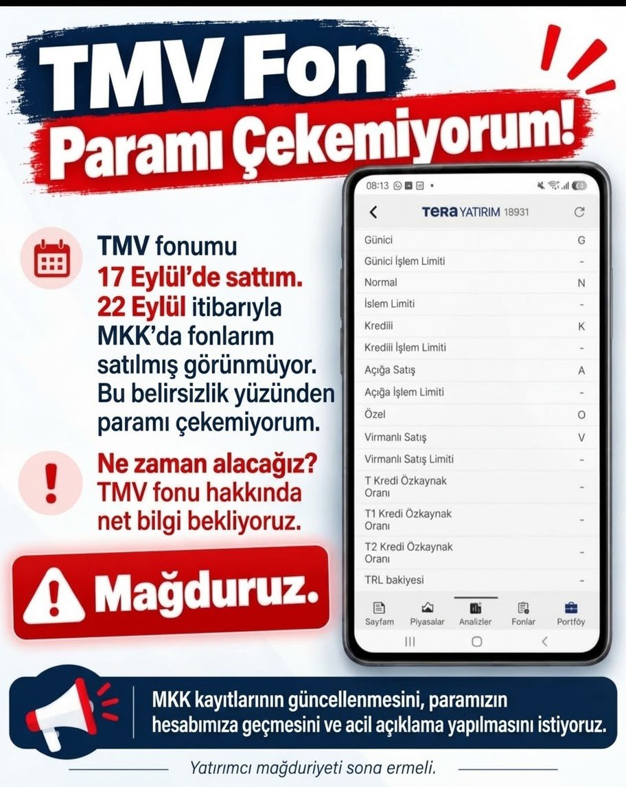 1Murattoprak1's tweet photo. TMV satışımız gerçekleşti fakat para çekimine izin verilmiyor. Teranın başında yönetici 
olmadığı için kimsesiz kaldı tmv fonu. Yetkililer ivedi bir şekilde bizi
bilgilendirmesi ve söz konusu tutarların tarafımıza yatırılmasını istiyoruz
#OnceAnaParaSonraTMSF #YasadaMadde4OLAMAZ https://t.co/cia4USf0CP