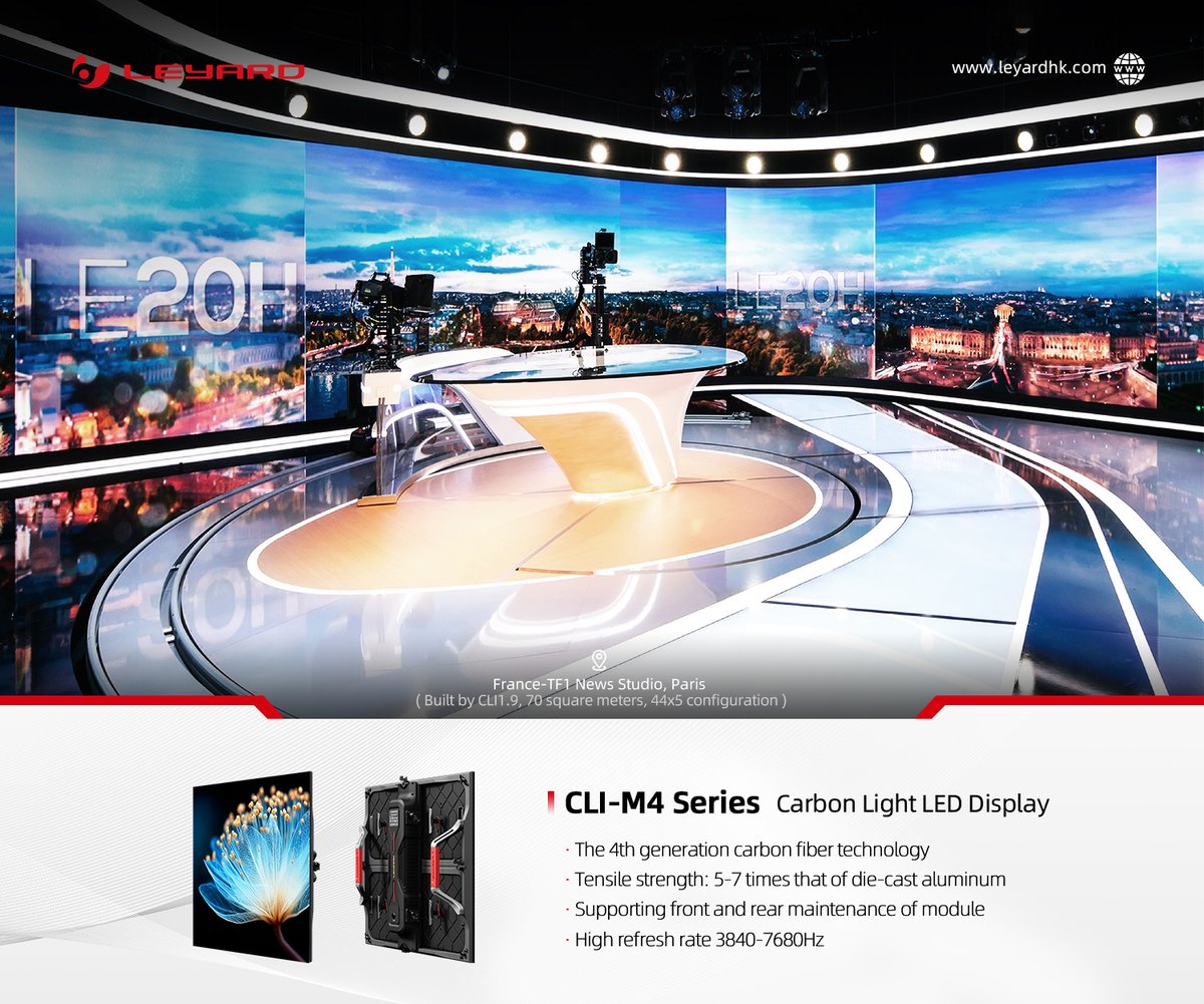 Leyard_int's tweet photo. Inside the France-TF1 News Studio, our CLI-M4 Series is setting a new benchmark for broadcast visuals.
🔹 Next-Gen Carbon Fiber
🔹 Extreme Strength
🔹 Flawless Broadcast
🔹 Easy Acces
🔗 Learn more: https://t.co/8P2n89lVNf
#Leyard #BroadcastTech #TF1 #CarbonFiber https://t.co/hNfJT8NJgX