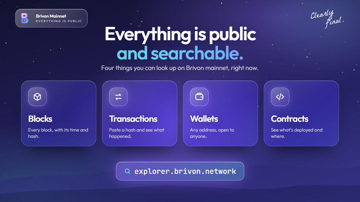 brivonnetwork's tweet photo. Everything on Brivon mainnet is public and searchable. Blocks, transactions, wallets, contracts.

Look anything up at https://t.co/bCPJTAbGBK https://t.co/FwOJVqdeLC