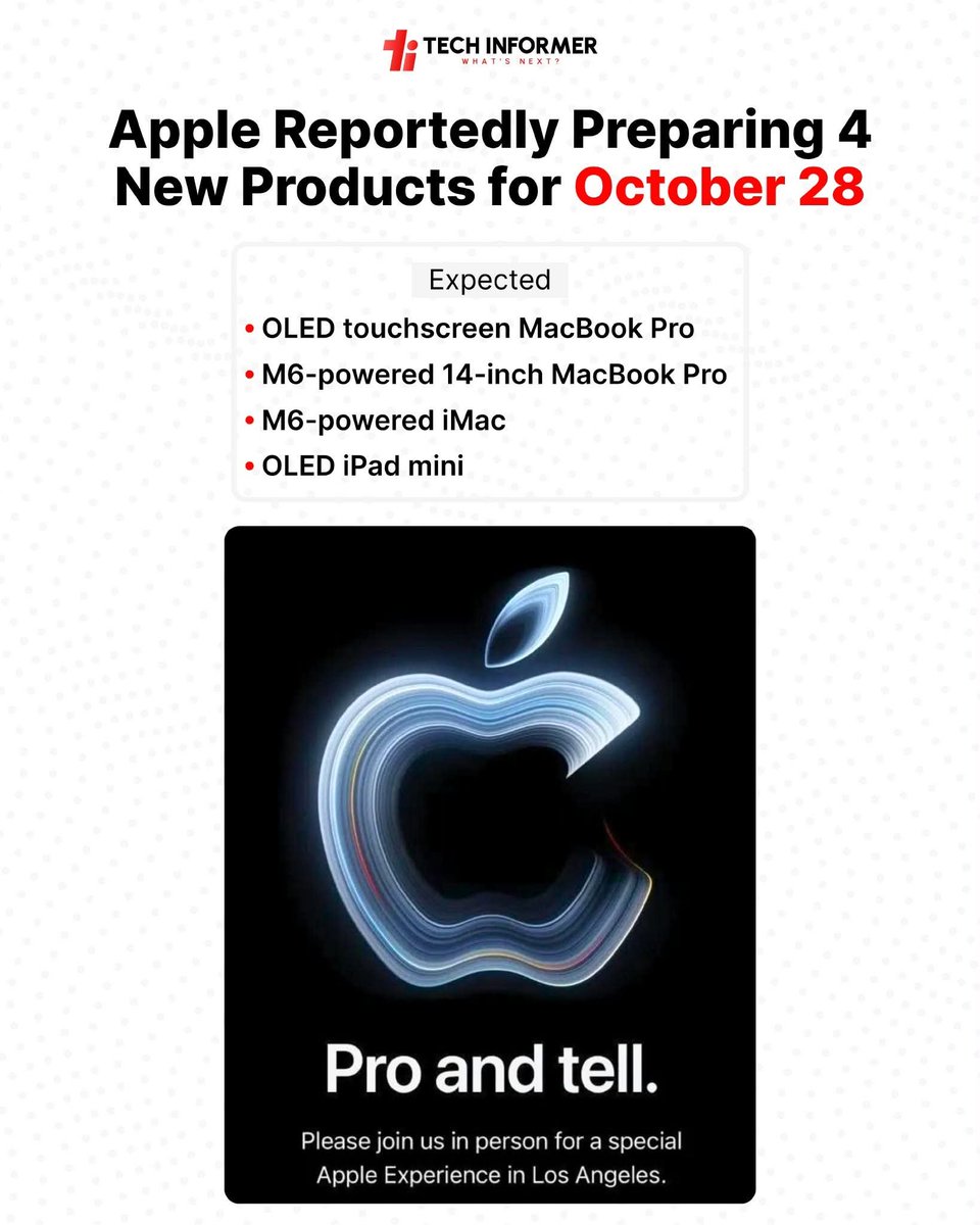 Tech_Informer_'s tweet photo. Apple has reportedly planned a special “Pro and Tell” experience for October 28. The event could bring some exciting announcements, but the details are yet to be officially confirmed.

#TechInformer #Apple #AppleEvent https://t.co/CC0EjF5rQG