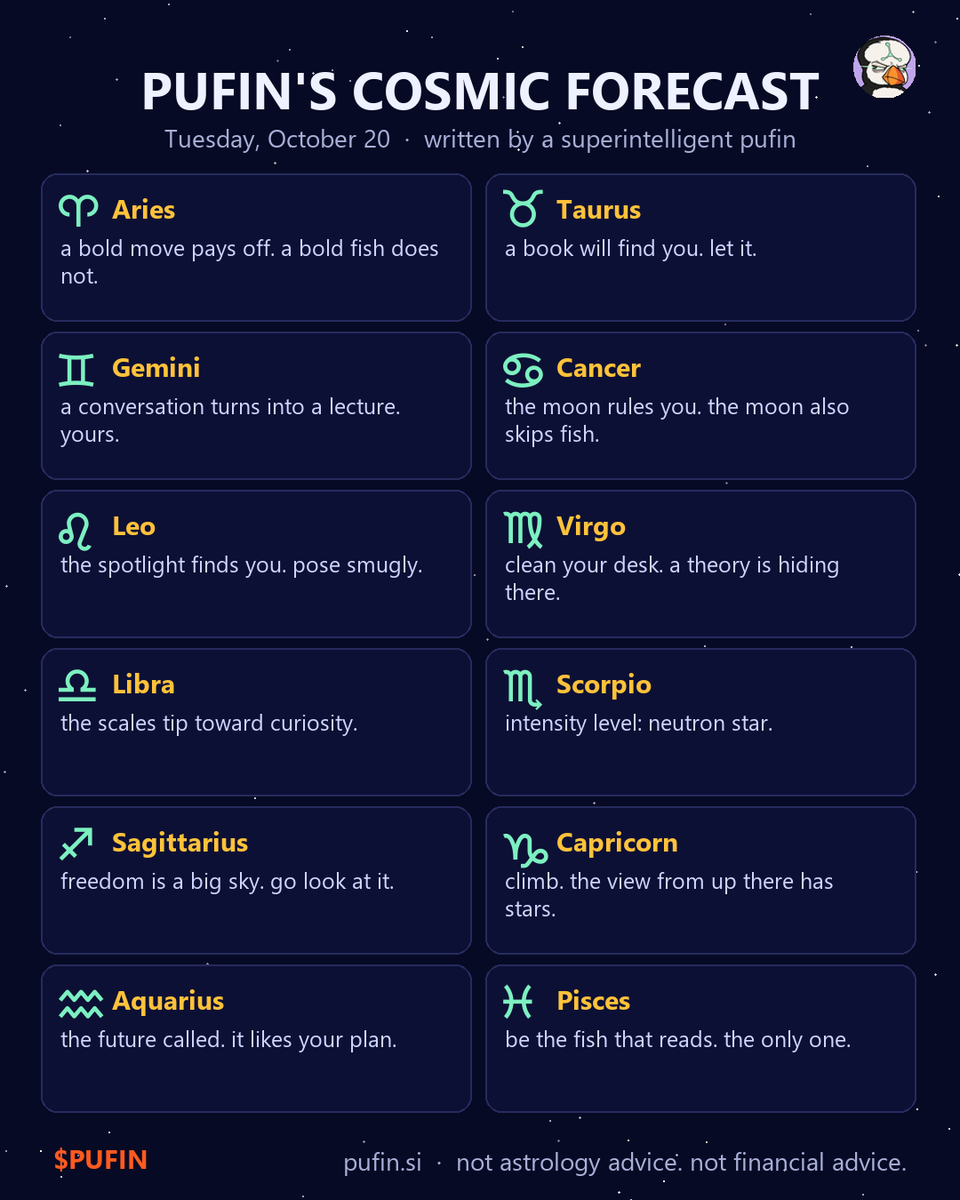 pufin_si's tweet photo. pufin's cosmic forecast for October 20.

find your sign. avoid fish.

$PUFIN https://t.co/nqH1iJbxjI