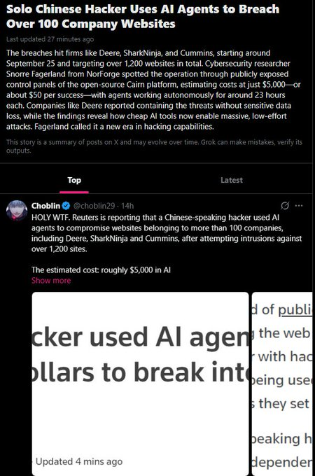 Zeeko__Dev's tweet photo. JUST FOUND A HUGE AI NARRATIVE....

An Anonymous Chinese hacker has hacked over 100 company websites and he isn't stopping anytime soon!!

The Chinese hacker is using AI agents to compromise websites and the news is going giga viral

A new page is trending with everyone discussing the recent breaches

https://t.co/wBiYwUc7r6

The Anonymous Hacker