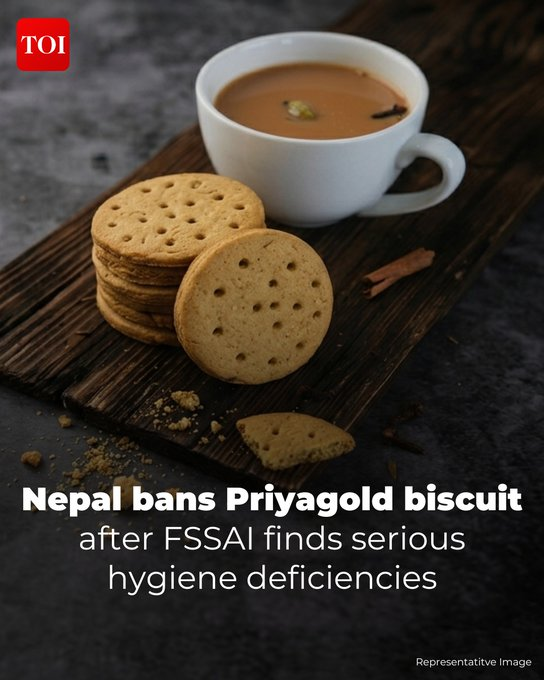timesofindia's tweet photo. #Nepal has barred the import, sale and distribution of #Priyagold biscuits made by India based Surya Food and Agro Ltd, after food safety concerns flagged by Indian authorities. Nepal’s Food Technology and Quality Control Department (FTQCD) announced the restrictions in a notice issued on Monday, classifying the biscuits as sub-standard. 

Read here 🔗https://t.co/qWhM07npzk 

Don’t miss the complete coverage - get the TOI App 👉 https://t.co/ogFaRsUKyn