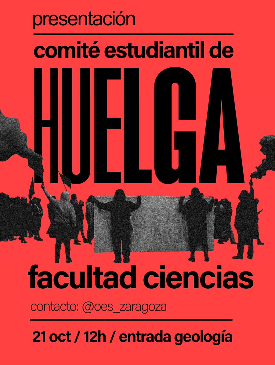 OES_Zaragoza's tweet photo. 🚩HACIA LA HUELGA GENERAL🚩

Desde OES Zaragoza presentaremos mañana miércoles 21 el Comité Estudiantil de huelga de la facultad de ciencias.

🗓️ 21 miércoles 
🕛 12h
📍 Entrada geología https://t.co/X9fxP15Rxy