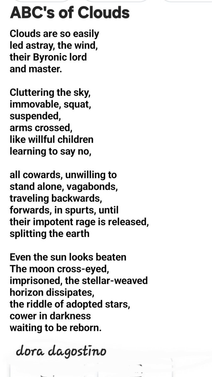 ArtistDora's tweet photo. For @TopTweetTuesday 
And special thanks to @MatthewMCSmith for his time and dedication.

My offer is 'ABCs of Clouds," inspired by the prompts journey, edge and revelation,

#WritingCommunity #PoetryCommunity

@TopTweetTuesday https://t.co/r0S0nUgjg8