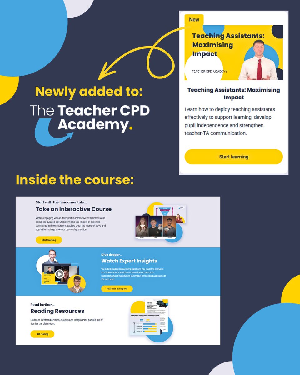 Inner_Drive's tweet photo. Your teaching assistants are in the room every day. Are you making the most out of them?

Our new Teacher CPD Academy course, Teaching Assistants: Maximising Impact, is built to change that. It helps you deploy your teaching assistants effectively, develop students’ independence and strengthen teacher-TA communication.

Swipe to see what is inside:
An interactive course with video explainers, infographics and quizzes
Expert Q&A videos with leading researchers, including Ben Newmark, Gary Aubin, Amy Baxter and Jon Eaton
Downloadable research articles for your whole team

Try the first three modules free on our taster page. First link in bio🔗.

What is one thing your teaching assistants do that makes the biggest difference? Tell us below.