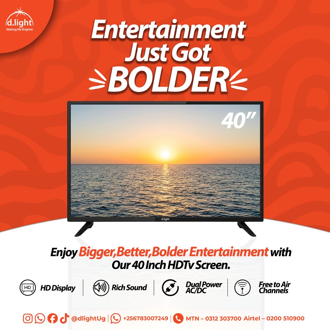 dlight_ug's tweet photo. Entertainment just got BOLDER.

The 40" d.light HDTV comes with HD display, rich sound, dual power (AC/DC) and free-to-air channels. Big screen, no stress.

WhatsApp +256783007249 to order. https://t.co/nmDOb5ndUy