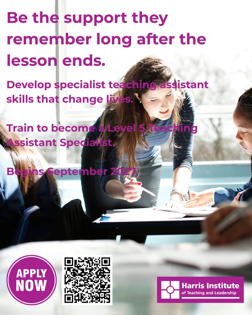 Harrisinst's tweet photo. 🌟 Ready to take the next step in your education career?

The Level 5 Specialist Teaching Assistant Apprenticeship with Harris Institute of Teaching and Leadership is now open for 2027!

👇 Learn more
https://t.co/zRZXVQdiJe

#TeachingAssistants #Education #Schools https://t.co/HRjh4zuDDB