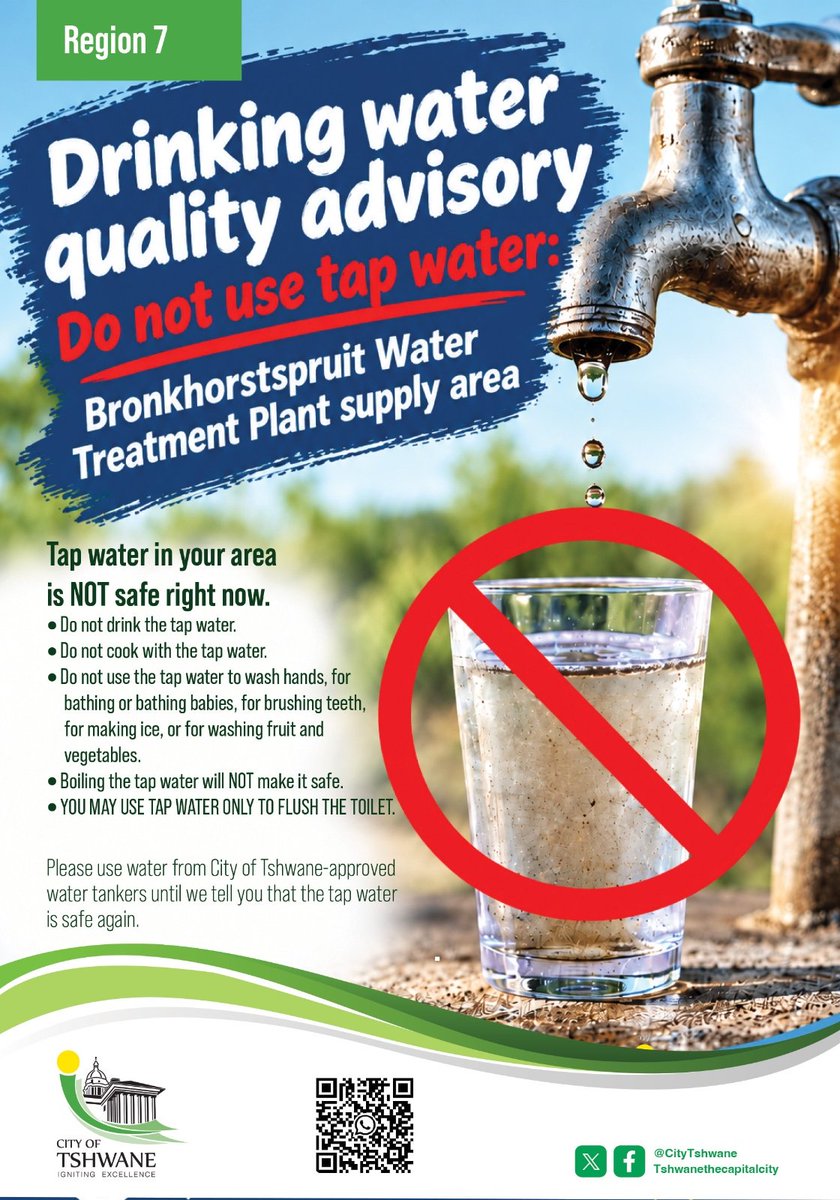 CityTshwane's tweet photo. Tap water in Bronkhorstspruit, Dark City, Ekandustria, Ekangala, Rethabiseng, Thembisile Hani Local Municipality and Zithobeni is NOT safe. 
Please use water from City of Tshwane-approved water tankers until we tell you that the tap water is safe again.#BronkhorstspruitWater https://t.co/Q3BeIc3oPZ