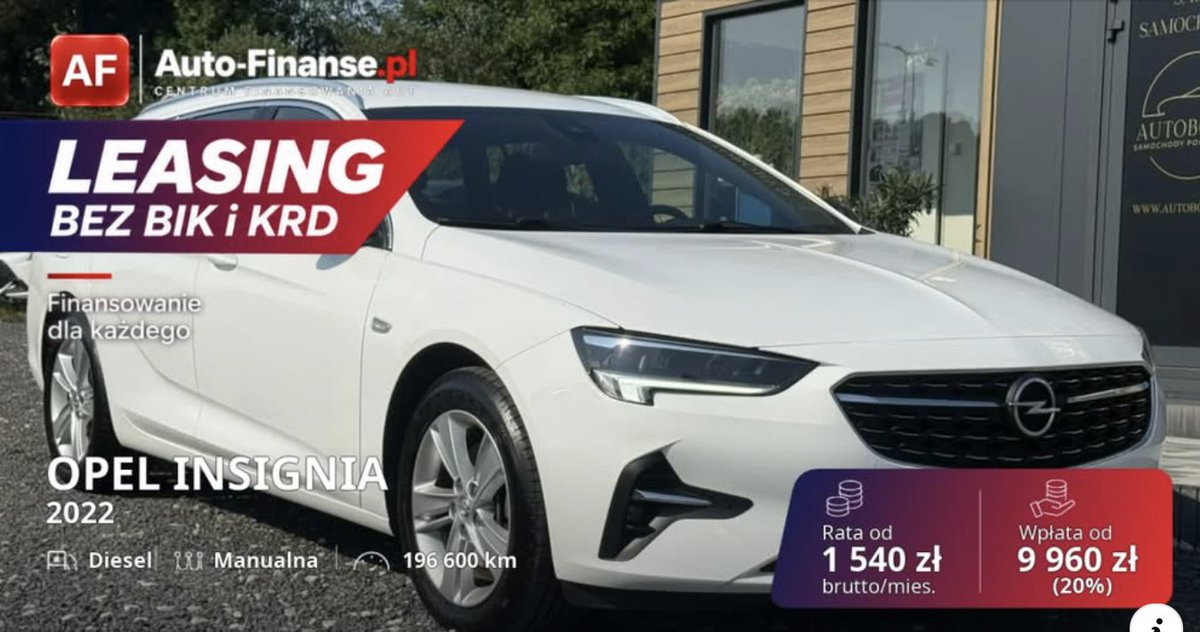 dobraoferta's tweet photo. Opel Insignia 2022 – leasing bez BIK i KRD!
🟥 Rata od 1 540 zł brutto/mies. ✔ Wpłata od 9 960 zł (20%) ✔ Diesel | manual | 196 600 km

👉 https://t.co/N9y3fcyOQf

#AutoFinanse #OpelInsignia #LeasingBezBIK #BezBIK #BezKRD https://t.co/RzzkXUt2CF