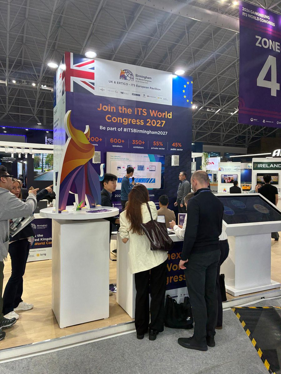 transtechforum's tweet photo. ITS World Congress: Day 2! Another busy day on the UK &amp; ERTICO – ITS Europe Pavilion, with co-exhibitor presentations, opportunities to connect with international colleagues and a UK Drinks Reception bringing together representatives from across the ITS community. #ITSWC2026 https://t.co/sjl6t01xTg