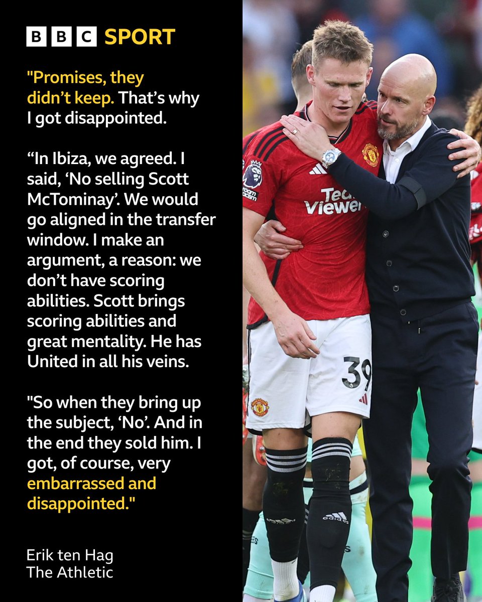 BBCMOTD's tweet photo. "Promises they didn't keep." 🗣️

Erik ten Hag opens up about feeling let down by Manchester United, including over the club's decision to sell Scott McTominay. https://t.co/7ynAsoDZFf