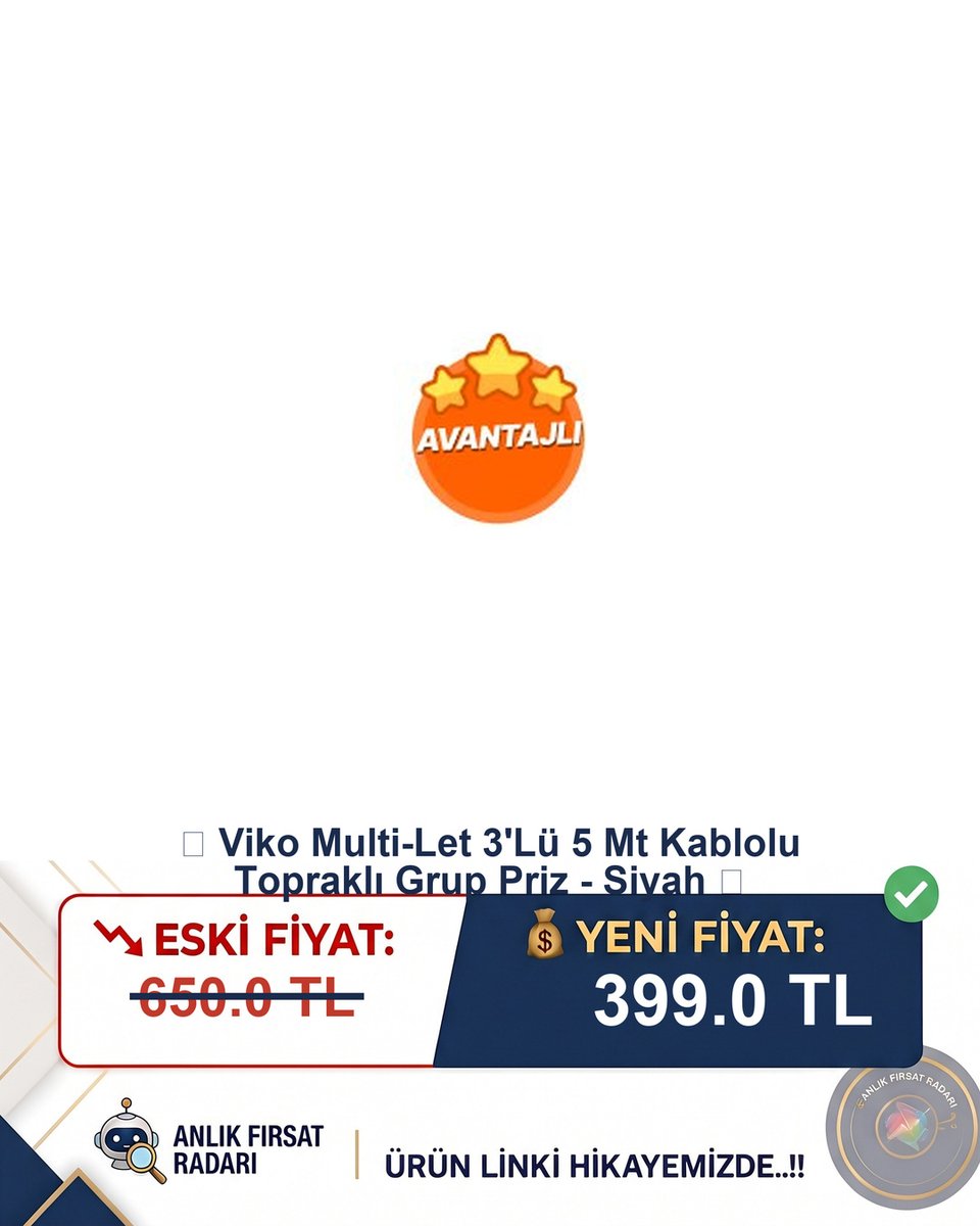 anfirsat's tweet photo. 🚨 %%38.6 DEV İNDİRİM!
📦 📦 Viko Multi-Let 3'Lü 5 Mt Kablolu
Topraklı Grup Priz - Siya...
📉 Eski: 650.0 TL
💰 Yeni: 399.0 TL
🔗 Fırsat Linki: https://t.co/4d5xf45NVv
#Viko #GrupPriz #KabloluPriz https://t.co/Xfgc50lbxx