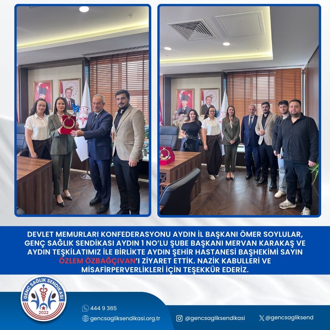 Gss_aydin's tweet photo. Genç Sağlık Sendikası Aydın 1 Nolu Şube Başkanlığı olarak, Aydın Şehir Hastanesi Başhekimi Prof. Dr. Özlem Özbaçıvan’ı ziyaret ettik.
Nazik kabulleri ve misafirperverlikleri için teşekkür ediyor, çalışmalarında başarılar diliyoruz.
#GençSağlıkSendikası #Aydın https://t.co/LcGohjHBjP