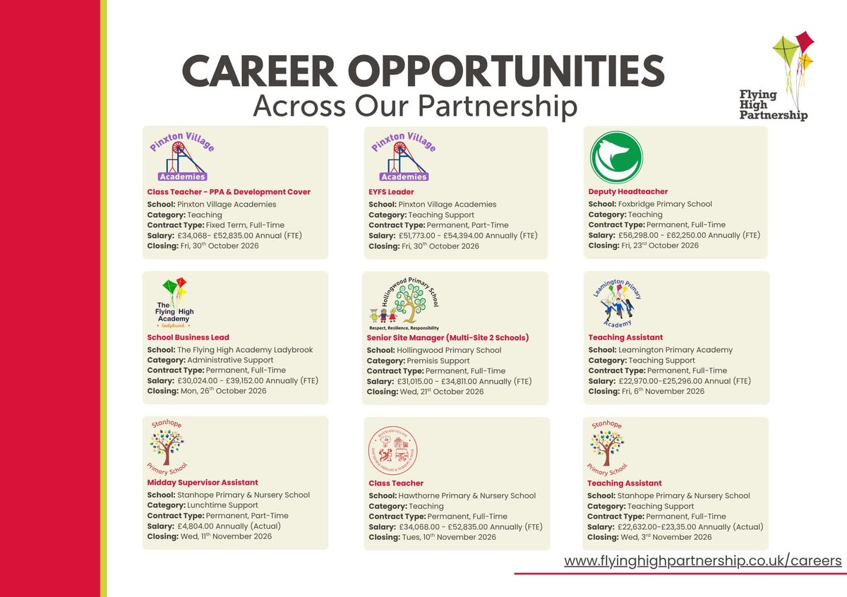 FlyingHighTrust's tweet photo. Looking for your next opportunity?📚

Join a team that's passionate about helping children thrive. We're recruiting across Flying High Trust and would love to hear from you. ✨

Explore our latest vacancies👇

#EducationJobs #JoinOurTeam #FlyingHighTrust #TrustJobs #Recruitment https://t.co/LOSxhVBp9q