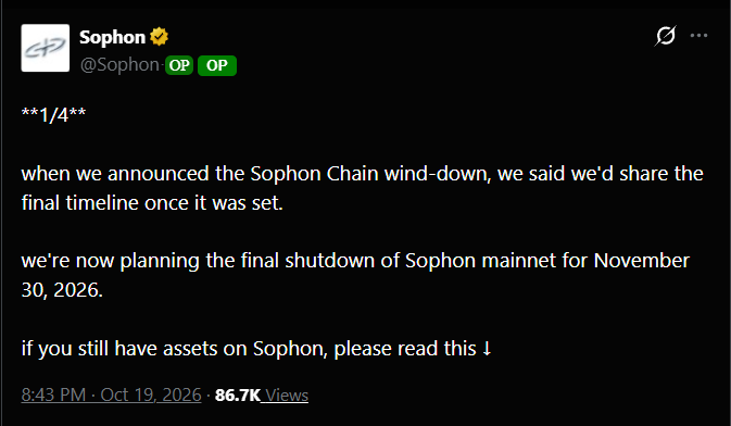 SecretoDefi's tweet photo. Recordatorio de que Sophon Chain cierra para siempre 🚨

El equipo ha confirmado las fechas finales del cierre:

· Fecha límite para retirar activos > 25 de noviembre de 2026
· Cierre definitivo de la mainnet > 30 de noviembre de 2026

A partir del 25 de noviembre empezarán a apagar toda la infraestructura e UI

Cualquier activo que quede en Sophon Chain después de esa fecha puede quedarse atrapado para siempre

Otro equipo que extrae millones de $$