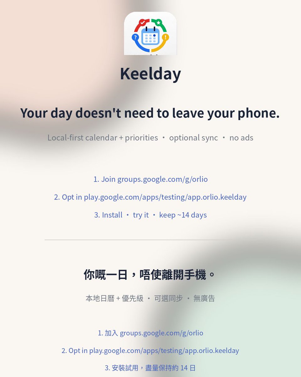 Orlioapps's tweet photo. Your day doesn't need to leave your phone.

Local-first calendar + priorities · optional sync · no ads.

Closed testing (need ≥12 · ~14 days):
1. https://t.co/TDulP2Cwos
2. https://t.co/VZmhejLshV https://t.co/E9jnkvTqVt