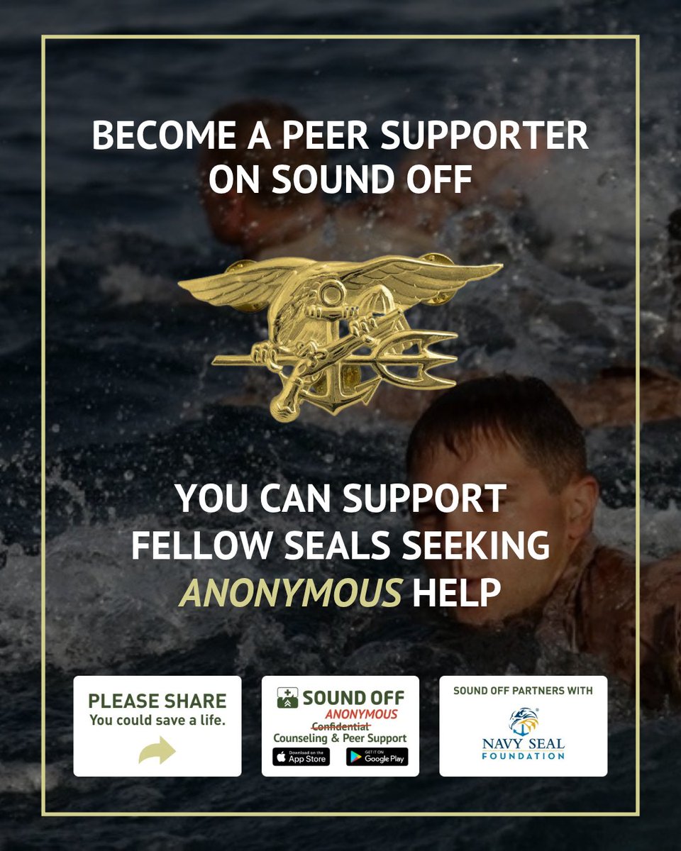 SoundOff's tweet photo. Few people understand the demands of being a Navy SEAL — unless they've lived it. Sound Off's partnership with Navy SEAL Foundation connects us with current and former SEALs ready to become Peer Supporters.@navysealfoundation
https://t.co/HIlkoUWpF8 https://t.co/RHaW6RbeuM