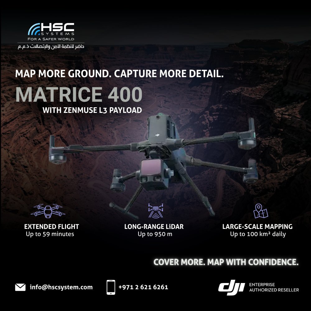 HSCSystem's tweet photo. Map more ground. Capture more detail. DJI Matrice 400 + Zenmuse L3 delivers high-accuracy LiDAR mapping across vast terrain.

#HSCS 
#forasaferworld #uae #abudhabi #dubai #digitaltransformation
#DJIEnterprise #Matrice400 #ZenmuseL3 
#ملتزمون_ياوطن
#نتصدر_المشهد https://t.co/Xwiuo9BHRx
