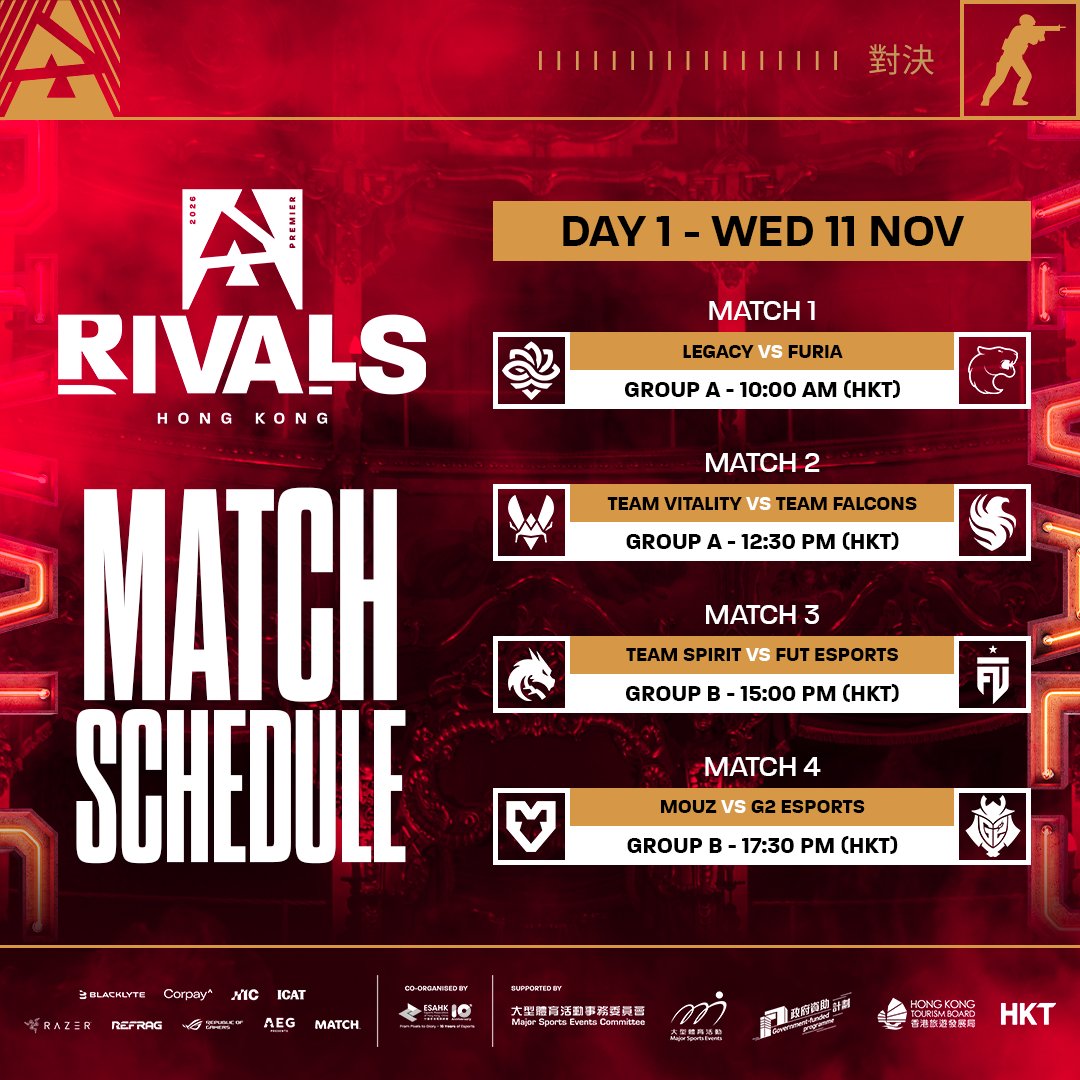 BLASTPremier's tweet photo. Day 1 of BLAST Premier Rivals Hong Kong is set to kick things off with a BANG 💥

Who's starting their Hong Kong campaign with a W? 🇭🇰

#BLASTPremier #MMarkEvents https://t.co/qJWda0ih8a