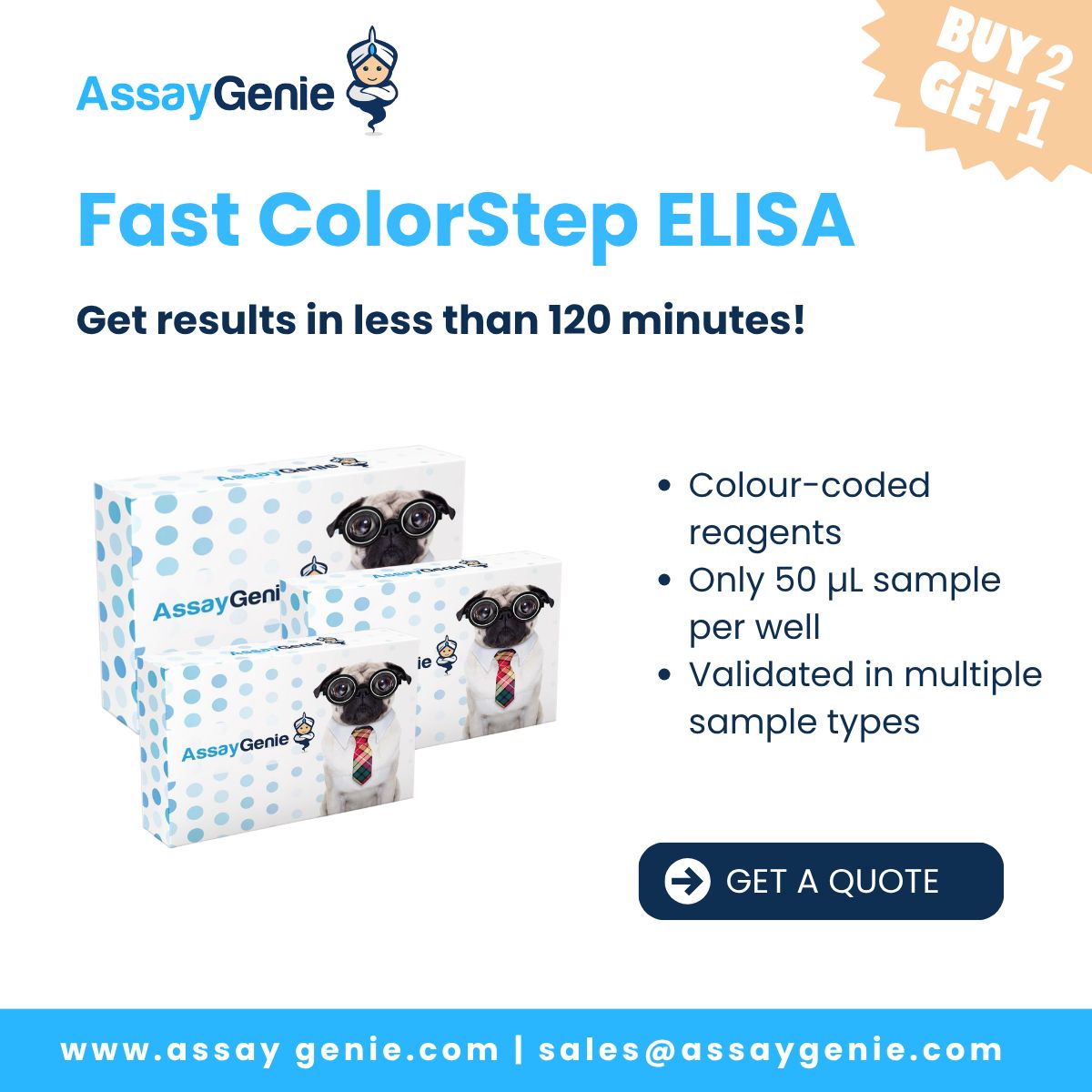 AssayGenie's tweet photo. ELISA results in ~120 minutes, colour-coded reagents, and only 50 µL of sample per well.

Buy 2 eligible ColorStep Fast ELISA Kits and get 1 free until 31 October.

🔍️ Find the kits for your next experiment: https://t.co/LT11AgIKQl 

#ELISA #LifeScience #AssayGenie https://t.co/Kx2Y9ohWR2