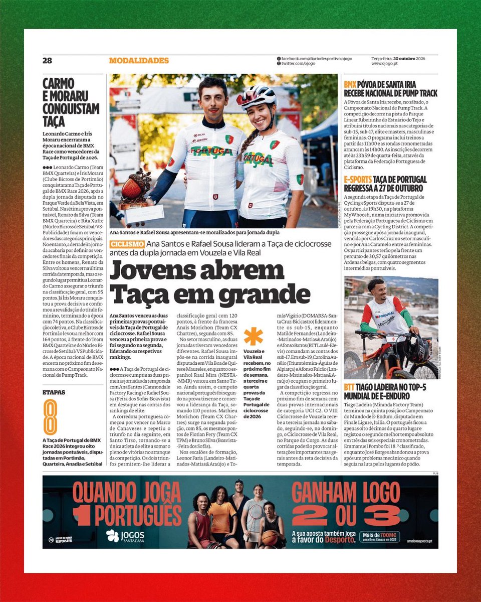 FedPortCiclismo's tweet photo. 🗞️ O início da Taça de Portugal de Ciclocrosse e o final da Taça de Portugal de BMX em destaque na página da FPC no jornal O Jogo.
Página completa 👉 https://t.co/xDwZJG283v
#FPCiclismo #SNPista #TPCiclocrosse #TPBMX https://t.co/iHgjVp1QcB