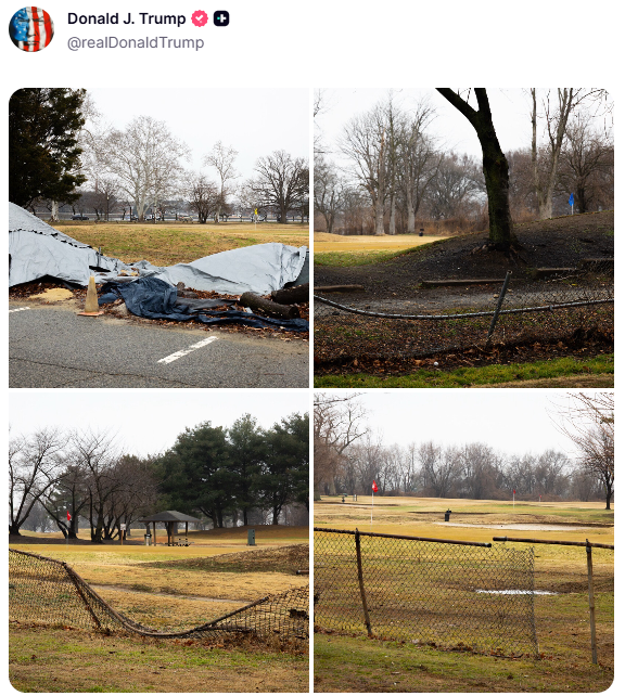 GuntherEagleman's tweet photo. 🚨 LOOK: This is the D.C. golf course President Trump wants to rebuild, the one people are SUING to stop.

Collapsed fences. Torn tarps dumped on the cart path. Dead grass everywhere.

Right in our nation's capital.

And somehow fixing it is the controversy.

Let him build. https://t.co/WR4HlR1L7y