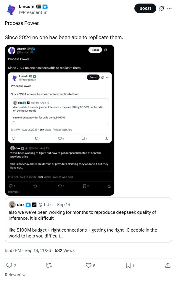 Presidentlin's tweet photo. There is zero reason not to have better inference than them.

You have Jensen GPUs, their recipe, and their infra framework.

Doesn't matter 

Since 2024 no one has been able to replicate them.

Modern day Toyota.

They can even fly down to your DC, teach you and still won't kill their moat.