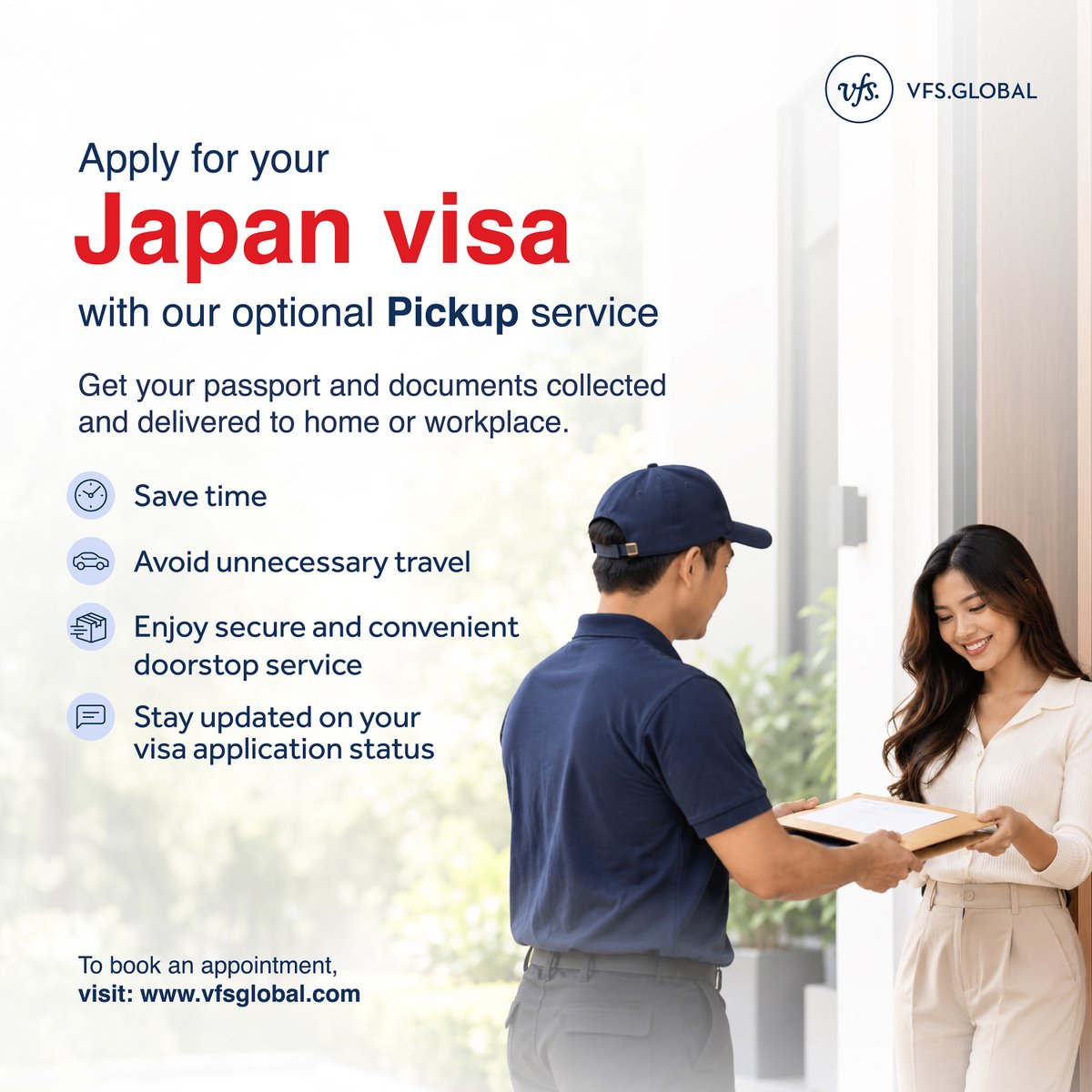 VFSGlobal's tweet photo. Make your Japan visa application journey in Indonesia more convenient with our optional Pickup service. Get your passport and documents collected and delivered to your home or workplace, helping you save time and avoid unnecessary travel.

For more information, visit https://t.co/vnLsMUdfiE.
