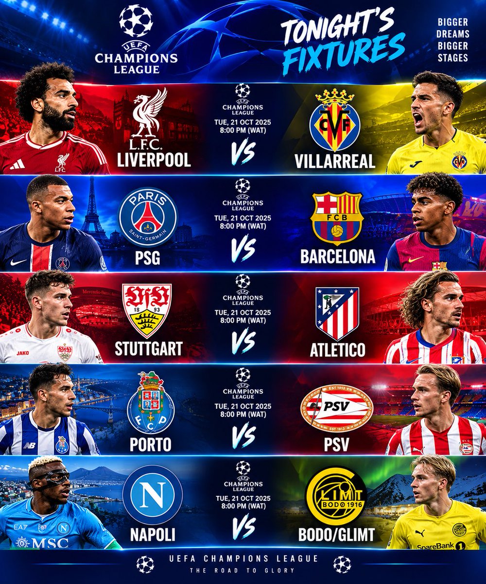 StevenPio_'s tweet photo. Hello 👋🏻 it’s Champions League ⚽⚽⚽
Drop your correct score predictions 

3/6 5k for 4 winners 
5/6 15k for 2 winners
6/6 20k for 1 winner

Liverpool vs Villarreal 
PSG vs Barcelona 
Stutgart vs Atletico 
Porto vs PSV 
NAPOLI vs Bode Glimt 

Rules: 
•Like,Repost and must be following me
•Tag2Friends
•One entry per person (if you drop multiple predictions, you will be disqualified)