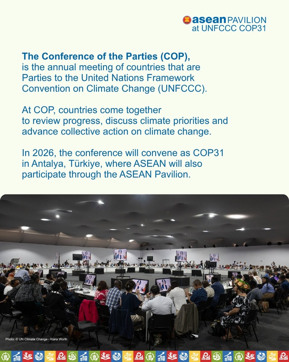 ASEAN's tweet photo. Each year, COP brings countries and stakeholders together to advance global discussions and cooperation on climate change.

At COP31, ASEAN will contribute to delivering the ASEAN Joint Statement on Climate Change (AJSCC) and, through the ASEAN Pavilion, provide a dedicated regional space for ASEAN Member States, partners and stakeholders to exchange views and highlight ongoing climate and environmental initiatives.

Taking place in Antalya, Türkiye, this November, COP31 will mark another opportunity to bring ASEAN’s regional cooperation into the broader global climate conversation. 

The ASEAN Pavilion at the UNFCCC is one of the main contribution of ASEAN-EU-Germany partnership cooperation with the leadership of ASEAN Member States and the technical support of GIZ.

#COP31 #ASEANPavilion #ClimateAction #ASEANGermany #TeamEurope #GlobalGateway