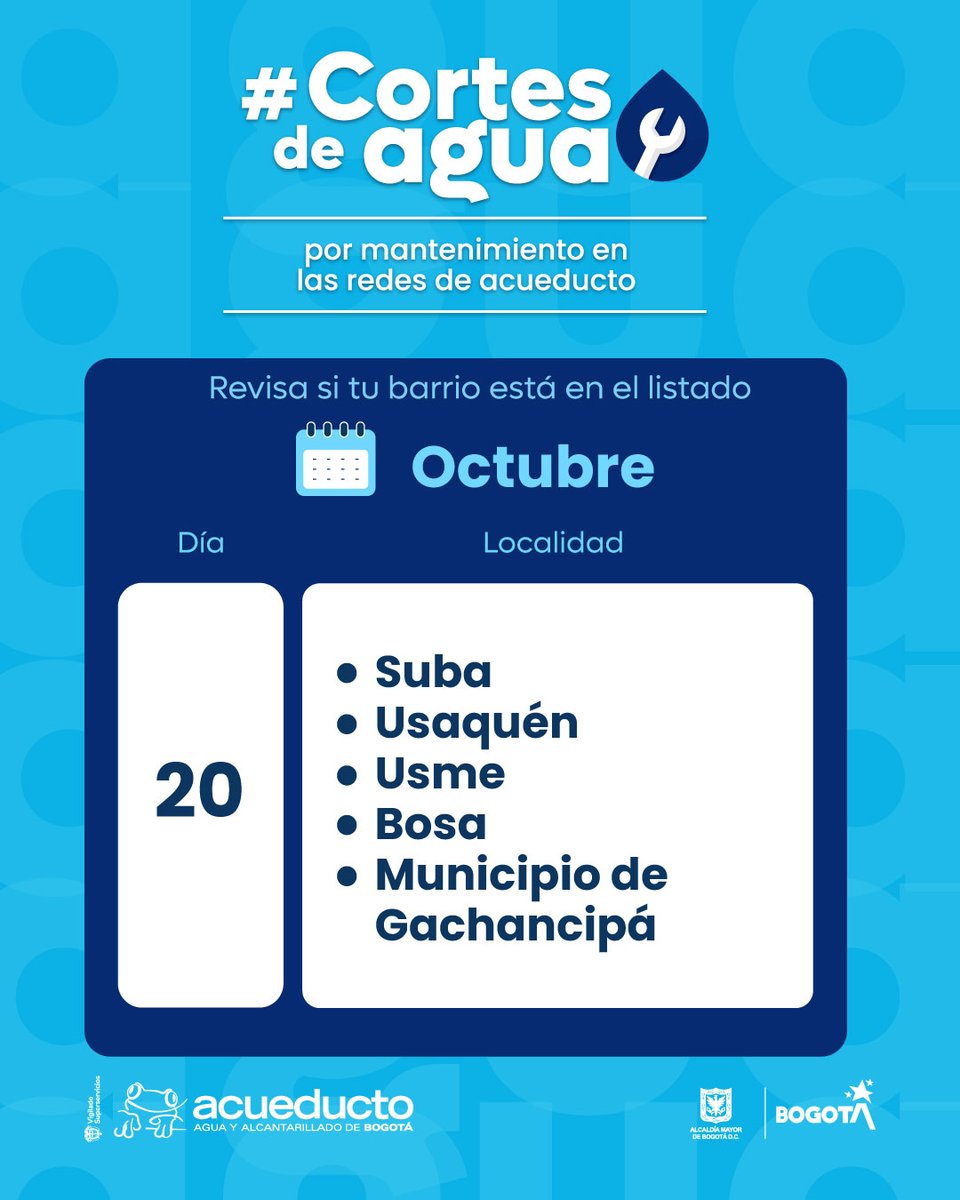 AcueductoBogota's tweet photo. 💧 Para prevenir daños mayores en las tuberías y mejorar la prestación del servicio, este martes 20 de octubre adelantaremos trabajos en varios puntos de la ciudad.

📍 Los #CortesProgramados estarán en sectores de #Suba, #Usaquén, #Usme, #Bosa y el municipio de #Gachancipá.
⏰ Las suspensiones comenzarán entre las 9:00 a. m. y las 11:00 a. m.
⌛ Duración: 24 horas.

🚰 Antes del corte, llena el tanque de reserva de tu vivienda y almacena solo el agua necesaria para preparar alimentos y atender las necesidades básicas de tu hogar.

🔎 Confirma si tu barrio está incluido y a qué hora comienza el corte:
https://t.co/B7oFeNSSlN
