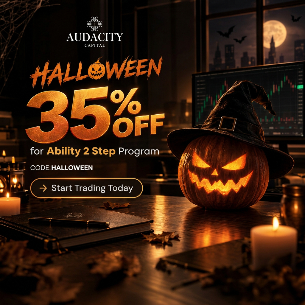 Audacitycap's tweet photo. No tricks. Just 35% off.

Save 35% on the Audacity Capital Ability 2-Step Program with code HALLOWEEN.

Start your challenge today.

 #HalloweenOffer #PropTrading #TradingChallenge #FundedTrader https://t.co/2s2bmwrNZ7