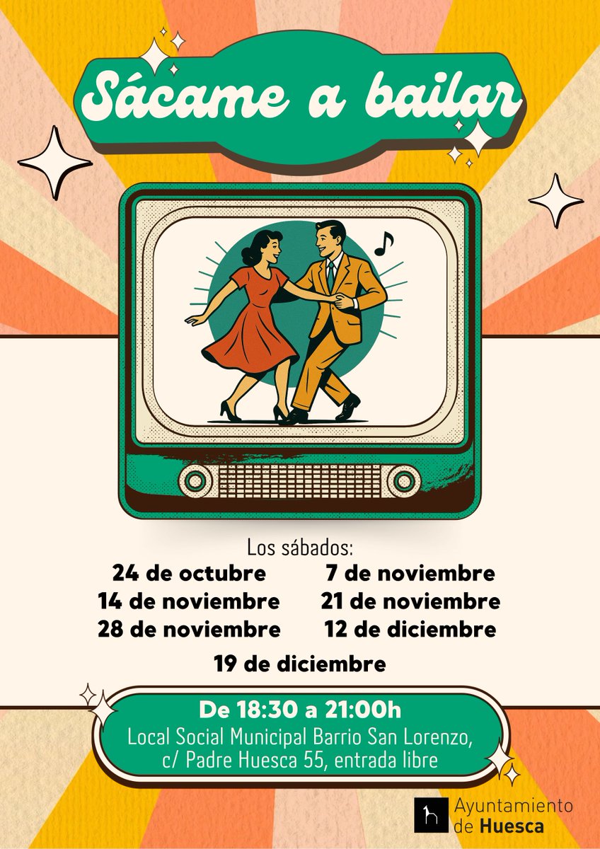 aytohuesca's tweet photo. “Sácame a bailar” regresa este sábado con una nueva temporada de música y baile 💃🕺 

Comenzamos este 24 de octubre en el local social de la Asociación de Vecinos del Barrio de San Lorenzo, con la actuación del Dúo Blow Pipes 🎶 a las 18:30 horas. 

¡Os esperamos! https://t.co/Jsguq3RPNt