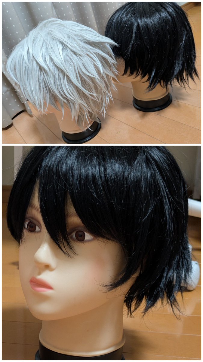 syachimora's tweet photo. この前使ったウィッグ洗った。黒髪のやつは書生用なんだけど、🍃と並べると余生🌊みたいに見えるな!ちょっと前髪長いけど。 https://t.co/CzNYA2xJeB