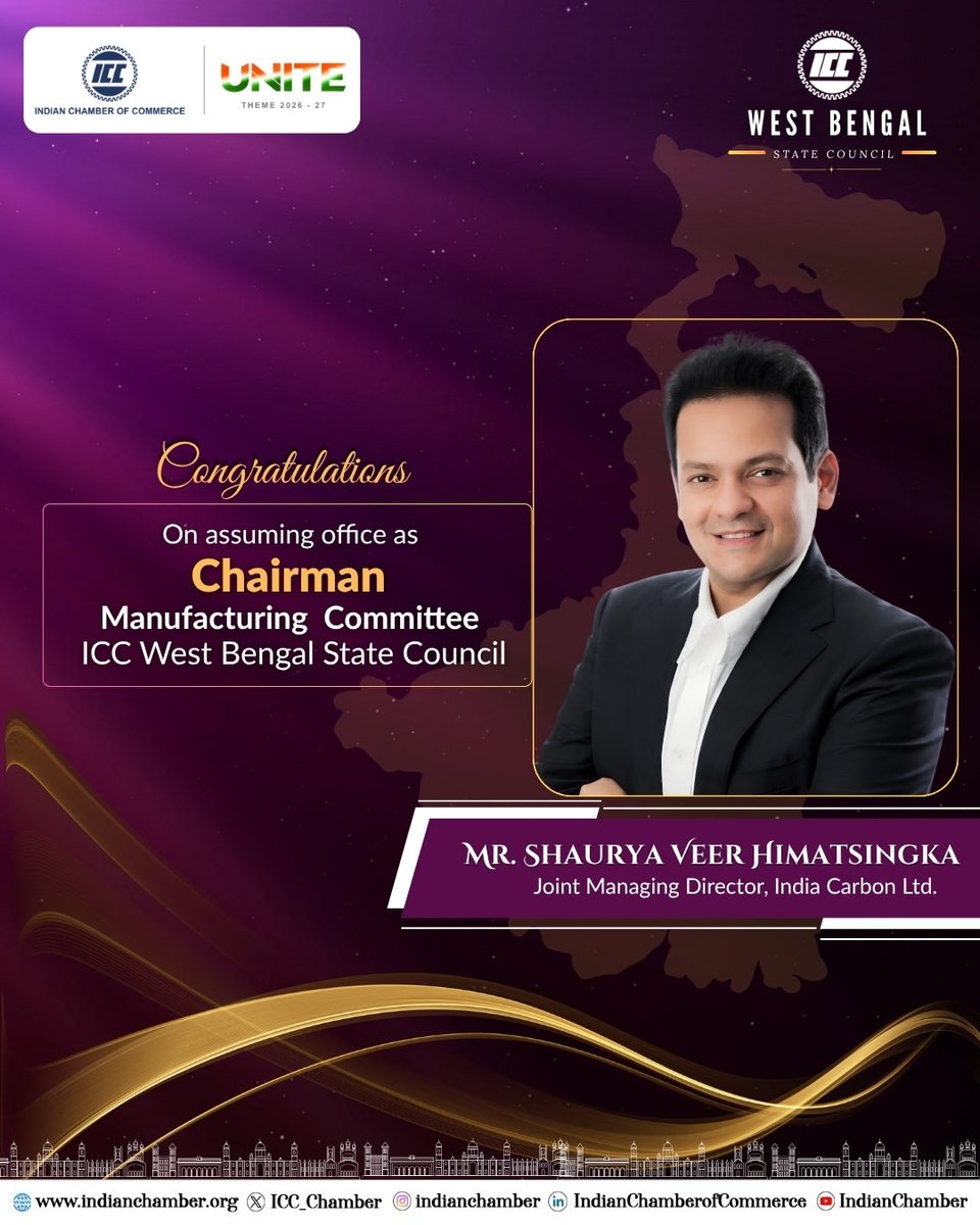 ICC_Chamber's tweet photo. We are pleased to welcome Mr. Shaurya Veer Himatsingka to the ICC West Bengal State Council leadership team. 

Wishing him success in driving innovation, growth, and industry engagement.

#IndianChamberOfCommerce #WestBengal #IndustryLeadership 

@TheBengalIndex https://t.co/XAauUJ7guB