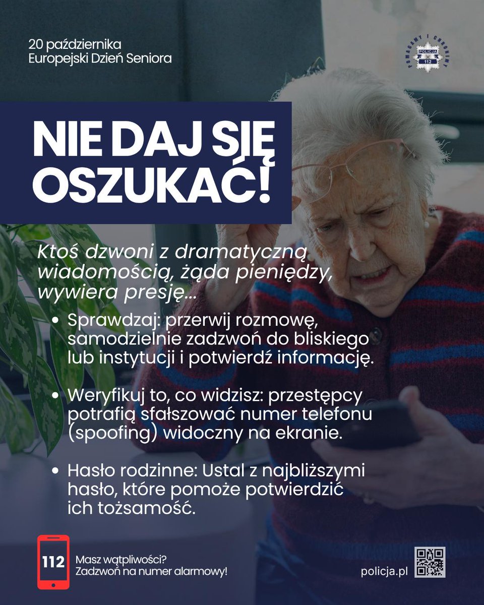PolskaPolicja's tweet photo. NIE DAJ SIĘ OSZUKAĆ!

📞 „Babciu, miałem wypadek…”
🚔 „Jestem policjantem. Potrzebujemy Twojej pomocy w tajnej akcji…”
💰 „To pewna inwestycja. Wystarczy, że przelejesz pieniądze…”

Tak zaczynają się historie, w których przestępcy wykorzystują strach, zaufanie, chęć niesienia pomocy i odbierają ludziom oszczędności całego życia. Potrafią podszyć się pod członka rodziny, policjanta, prokuratora czy pracownika banku. Coraz częściej wykorzystują również sztuczną inteligencję, by uwiarygodnić swoją historię, a nawet naśladować głos bliskiej osoby.

Od stycznia do września 2026 roku straty poniesione w wyniku oszustw „na legendę” wyniosły niemal 200 milionów złotych. Ponad 3 tysiące pokrzywdzonych to osoby powyżej 60. roku życia.

Jak nie dać się oszukać?

🔹️ ZATRZYMAJ SIĘ
Oszuści chcą, żebyś działał pod wpływem strachu, pośpiechu lub poczucia obowiązku. Nie podejmuj decyzji pod presją. Masz prawo przerwać rozmowę.
🔹️ SPRAWDŹ
Zadzwoń do bliskiej osoby na znany Ci numer. Jeśli ktoś podaje się za policjanta, prokuratora lub pracownika banku, rozłącz się i samodzielnie skontaktuj z daną instytucją. Nie oddzwaniaj na numer wskazany przez rozmówcę.
🔹️ USTAL HASŁO RODZINNE
Umów się z najbliższymi na hasło, które pomoże potwierdzić ich tożsamość. Pamiętaj jednak, że nawet znajomy głos nie daje gwarancji, że rozmawiasz z właściwą osobą.
🔹️CHROŃ PIENIĄDZE I DANE
Nie przekazuj gotówki, nie wykonuj przelewów, nie podawaj kodów BLIK, haseł ani danych do bankowości na polecenie nieznajomego. Nie instaluj aplikacji, które ktoś każe Ci pobrać.

PAMIĘTAJ! Policja ani żadna inna instytucja nie prosi o przekazywanie pieniędzy w ramach tajnych akcji. Prawdziwy policjant nie będzie nakłaniał Cię do oddania oszczędności, aby je „zabezpieczyć”.

Jeśli ktoś dzwoni z dramatyczną wiadomością, żąda pieniędzy i zabrania Ci kontaktować się z rodziną - to sygnał alarmowy.

Podejrzewasz oszustwo? Przerwij rozmowę. Nie przekazuj pieniędzy. Jeśli doszło do wyłudzenia, jak najszybciej skontaktuj się z bankiem i powiadom Policję. W sytuacji bezpośredniego zagrożenia dzwoń pod numer 112.

Porozmawiaj o tym z rodzicami, dziadkami i bliskimi. Przekaż im te zasady. Jedna rozmowa może uchronić kogoś przed utratą oszczędności całego życia.
