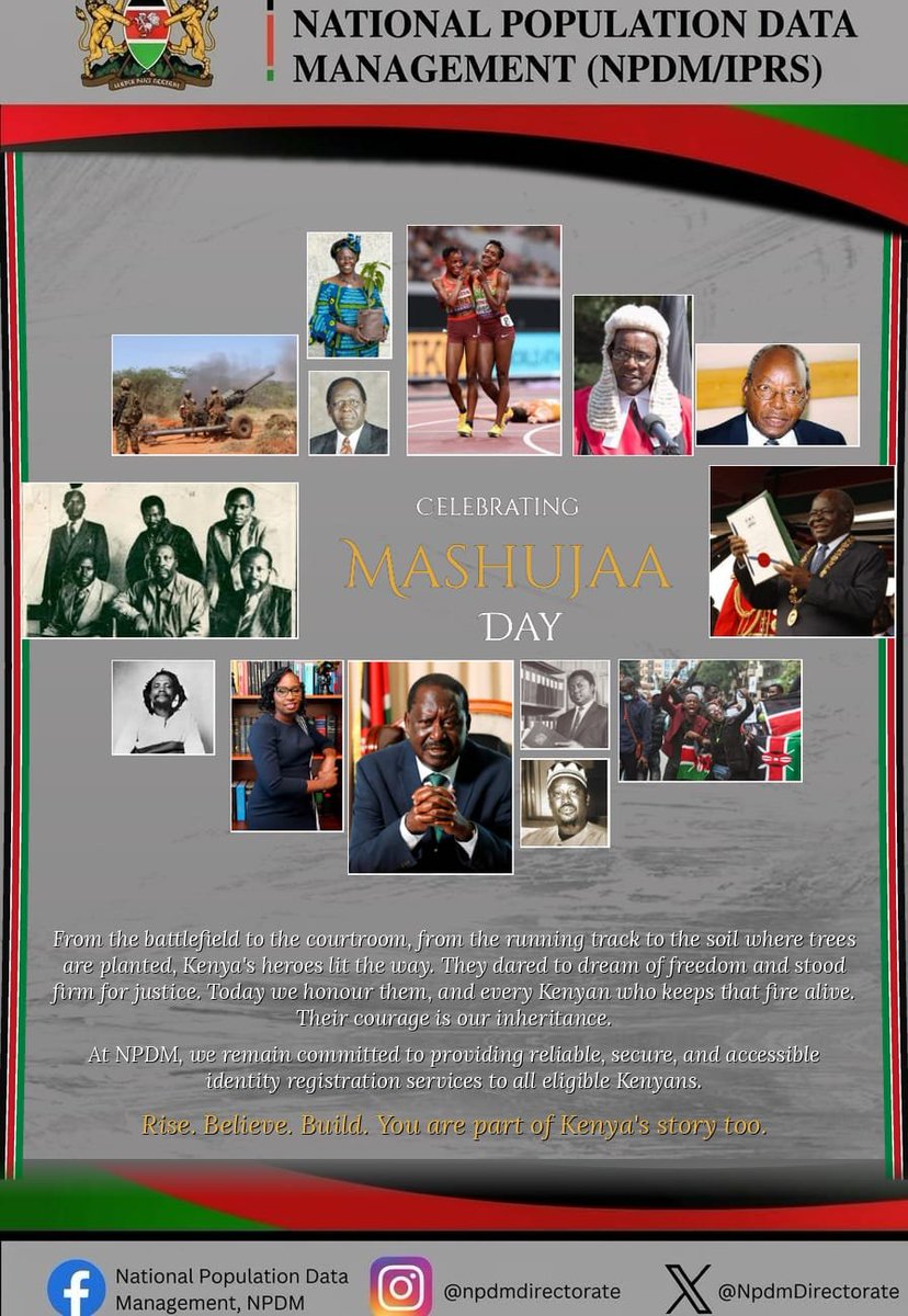 NpdmDirectorate's tweet photo. Today, we celebrate Kenya’s heroes and the spirit of patriotism that continues to shape our nation.
 Happy Mashujaa Day! 🇰🇪

 #MashujaaDay2026 https://t.co/G95UTfGozx