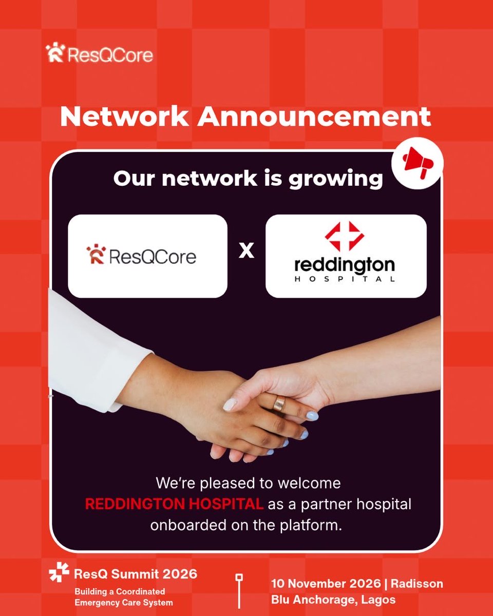 ResQCore's tweet photo. Network Announcement 📢

We're pleased to welcome @ReddingtonLagos to our network.

#ResQSummit2026 is coming.

📅 Tuesday, 10 November 2026
⏰ 09:00 AM – 1:00 PM
📍 Radisson Blu Anchorage, Victoria Island, Lagos.

For enquiries:
📩 info@theambulancecompany.com
📞 0915 555 6030. https://t.co/JYyQTLC0Po