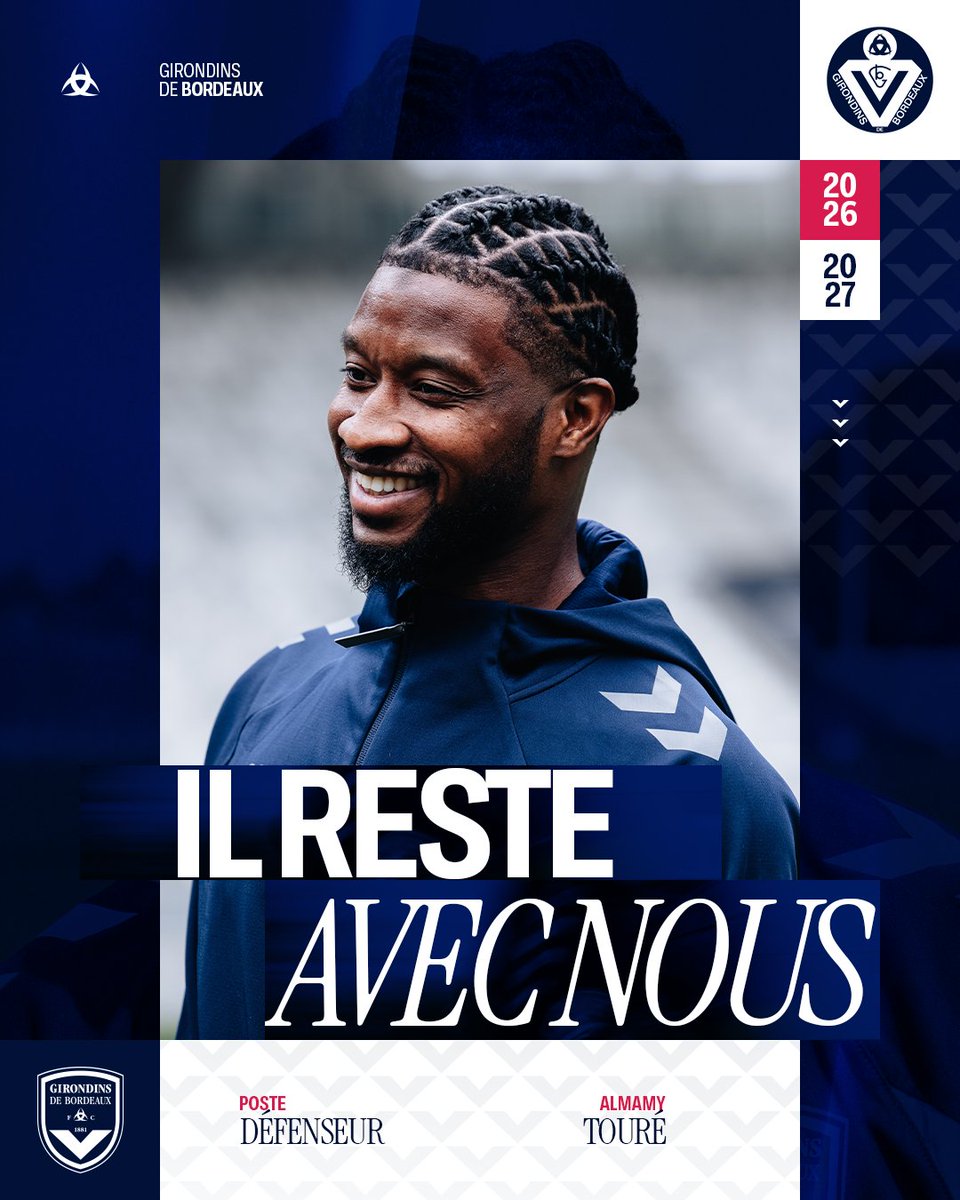 girondins's tweet photo. Almamy Touré poursuit l’aventure avec les Girondins ✍️ 

Le FC Girondins de Bordeaux est heureux de confirmer que notre défenseur continuera de porter le maillot Marine et Blanc cette saison.

Merci Almamy et allez Bordeaux 💙🤍 https://t.co/fNiVK2EtE8