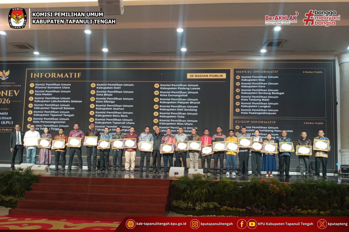 kpu_tapteng's tweet photo. Kategori Informatif diberikan kepada KPU Kabupaten Tapanuli Tengah oleh Komisi Informasi Sumatera Utara dalam rangka pelaksanaan keterbukaan informasi publik tahun 2026 kategori penyelenggara pemilu. https://t.co/asVA9JyHZ9