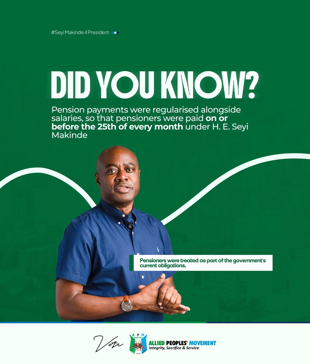 dlawcares's tweet photo. A PROMISE KEPT. A DIGNITY RESTORED. A LEADERSHIP WORTHY OF TOMORROW.

Pensioners gave their productive years to serve our society. They deserve more than promises—they deserve dignity, financial security, and the peace of mind to enjoy their retirement.

Under Governor Seyi Makinde, pension payments in Oyo State were regularised, with payments made on or before the 25th of every month. This reflects a commitment to treating pension obligations as a responsibility, not an afterthought.

True leadership remembers those who served. True leadership keeps its promises. True leadership builds trust through action.

Now is the time to take this record of responsibility beyond Oyo State and make it part of a bigger national conversation about compassionate, accountable governance.

🇳🇬 Seyi Makinde for President — Leadership that remembers. Governance that delivers. A future that includes everyone.

#SeyiMakinde4President #PensionersDeserveDignity #GoodGovernance #LeadershipThatDelivers #NigeriaDeservesBetter