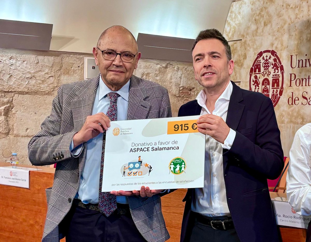 upsa's tweet photo. 🤝 Nuestra Universidad #dona sendos cheques de 915 euros cada uno a ASPACE Salamanca y al Centro Materno Infantil Ave María, respectivamente, gracias a la participación de sus #estudiantes en las encuestas de satisfacción 👉🏻 https://t.co/irOZu5BYvK
@AspaceSalamanca https://t.co/lvG13UJ3ME