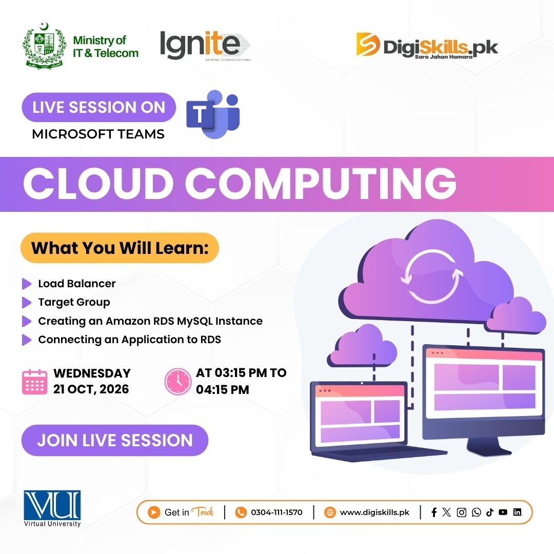 digiskillspak's tweet photo. Live Session - Cloud Computing

𝐃𝐚𝐭𝐞: Wednesday, 21 October 2026
𝐓𝐢𝐦𝐞: 03:15 PM – 04:15 PM

This live session is exclusively for enrolled Batch-04 trainees.
#SaraJahanHamara #DigiSkillsPk #MOITT #Ignite #VirtualUniversity #TechDestinationPakistan #Learn2Earn https://t.co/Jvk4hiXT7i